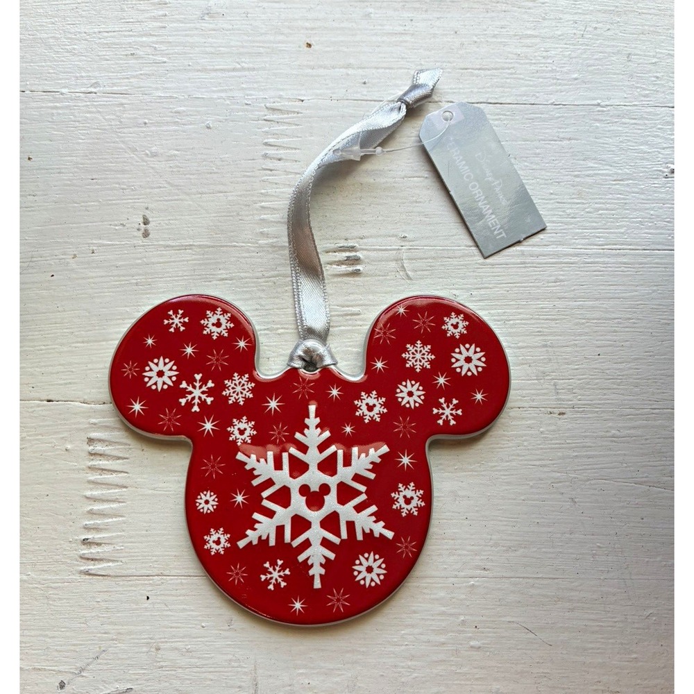 Disney Mickey Mouse Snowflake Holiday Ornament Red/Silver Ceramic NWT Christmas